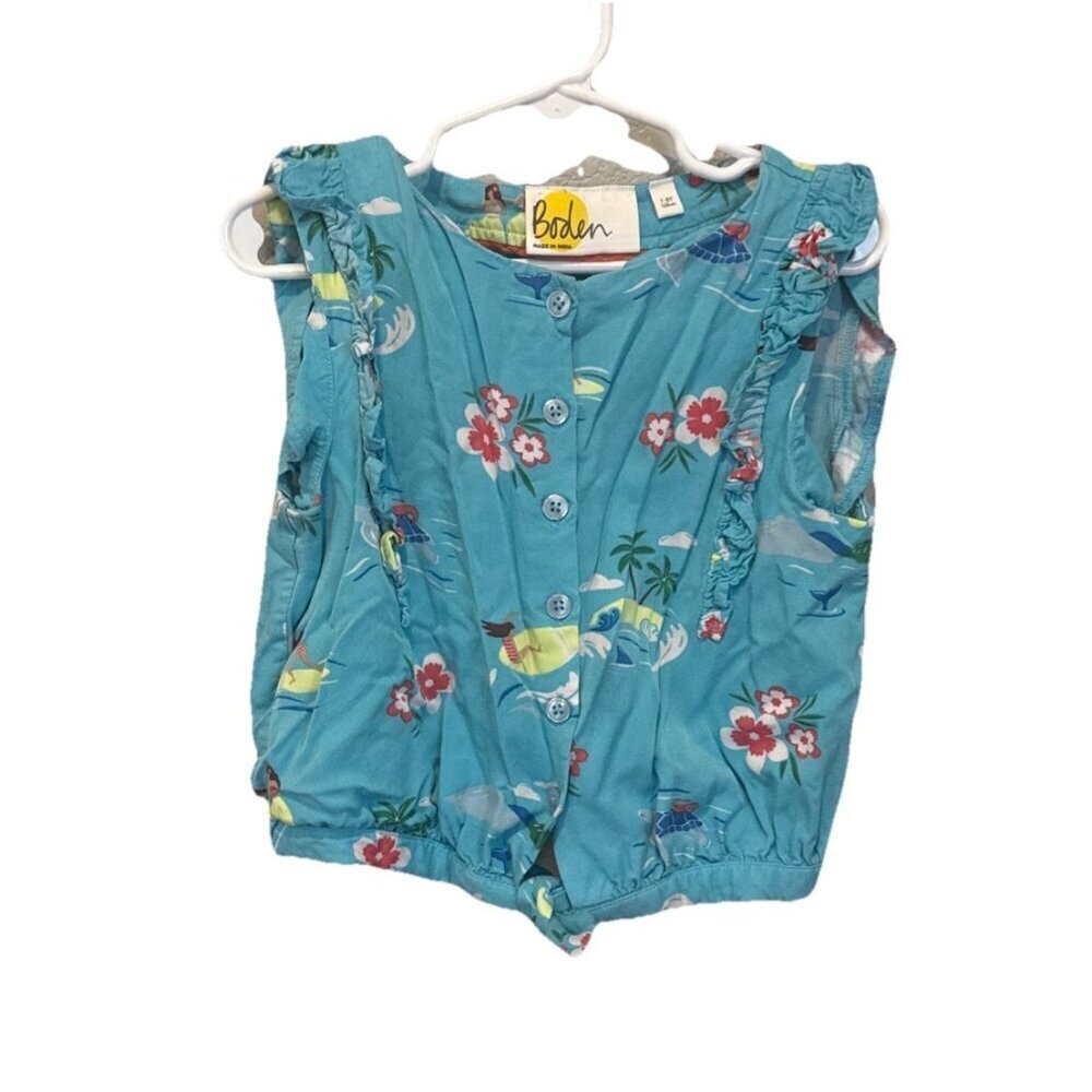 Mini Boden Girls 7/8 Short Sleeve Top Floral  Summer Ocean Blue Tropical